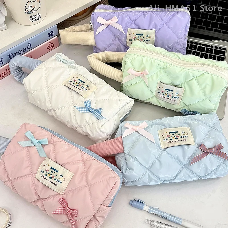 

Ins Bow Portable Tote Ladies Cosmetic Bags Girls Student Pencil Case Storage Pouch Purse Quilted Plaid Women's Makeup Bag
