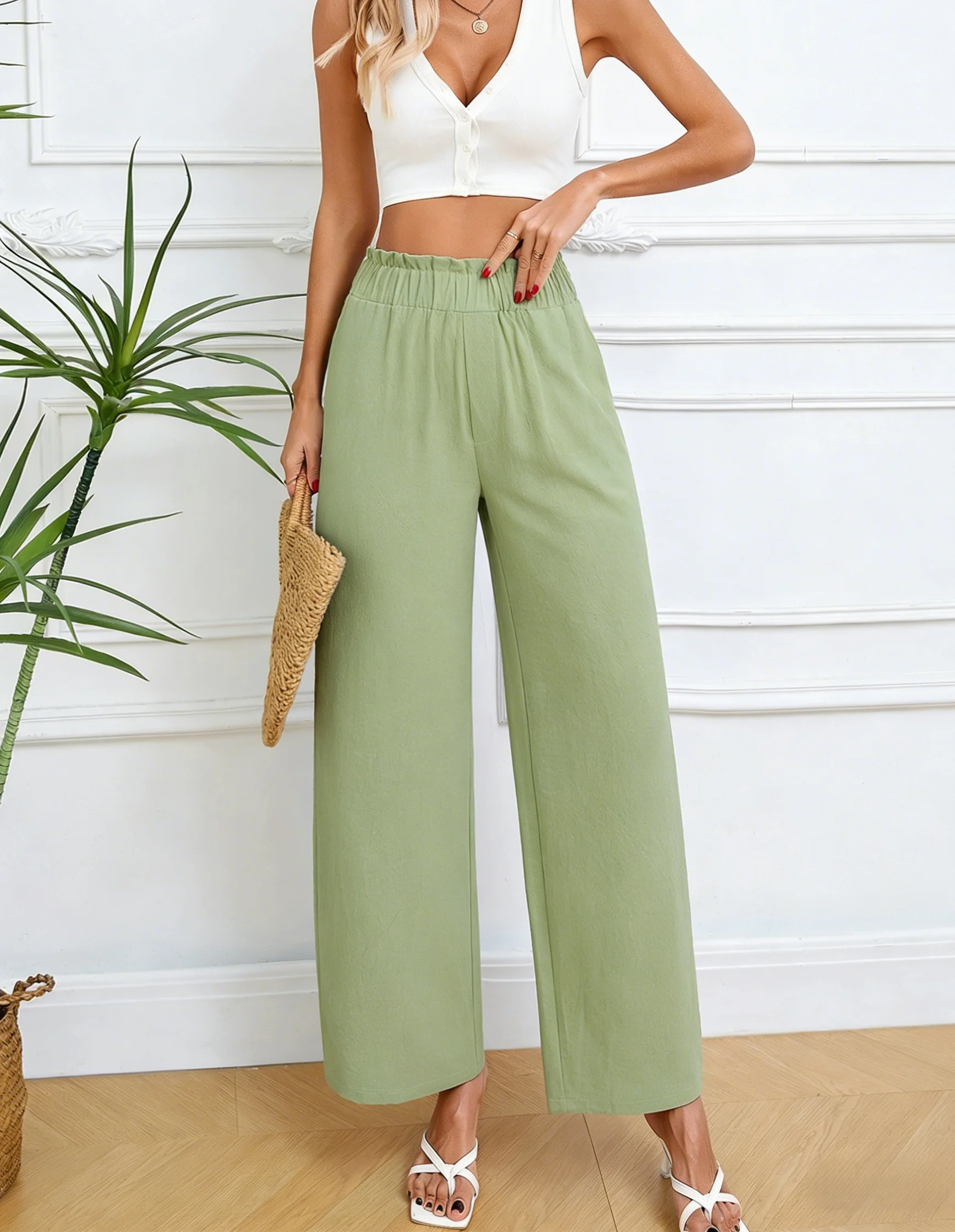 

Женские широкие брюки цвета шалфейной зелени с эластичной высокой талией, повседневные прямые брюки для весны и лета, свободные брюки для пляжного отдыха