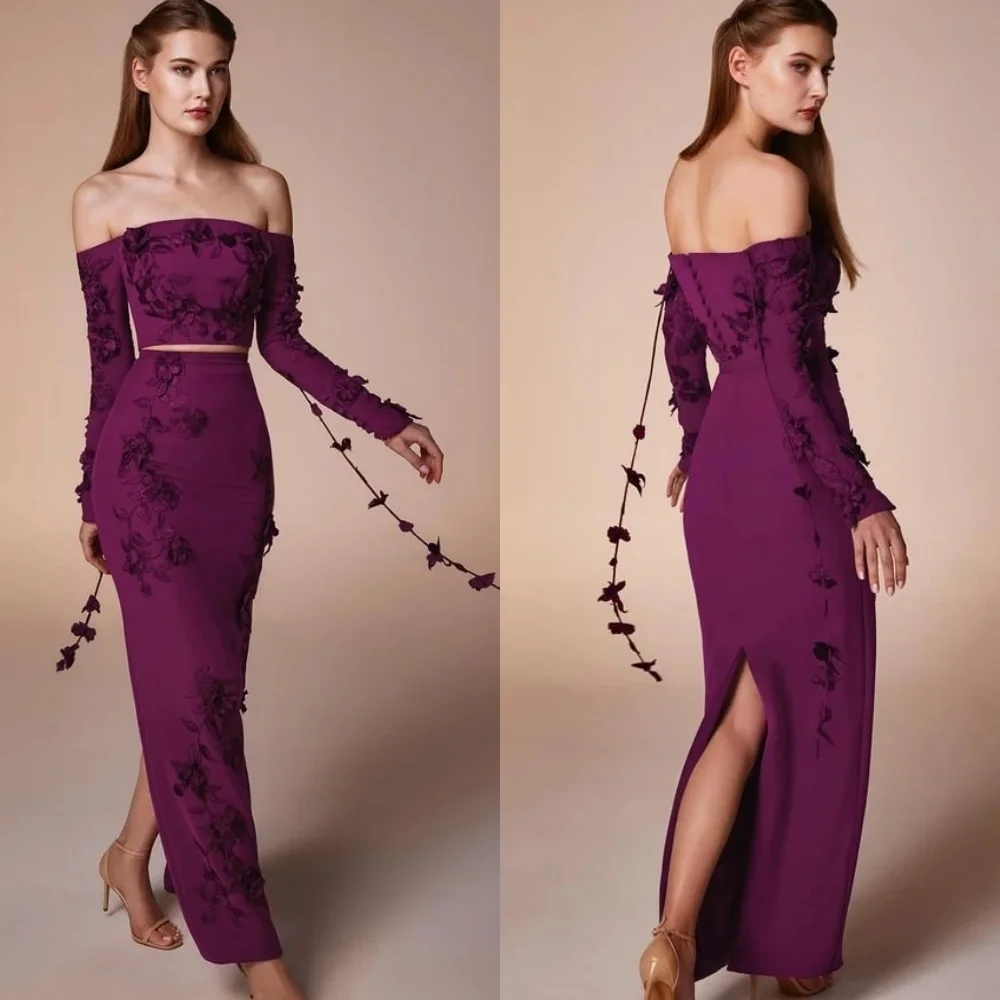 

Customized Delicate Purple Jersey Evening Dress Temperament Strapless Off the Shoulder Long Sleeves Buttons Back Cocktail Dress