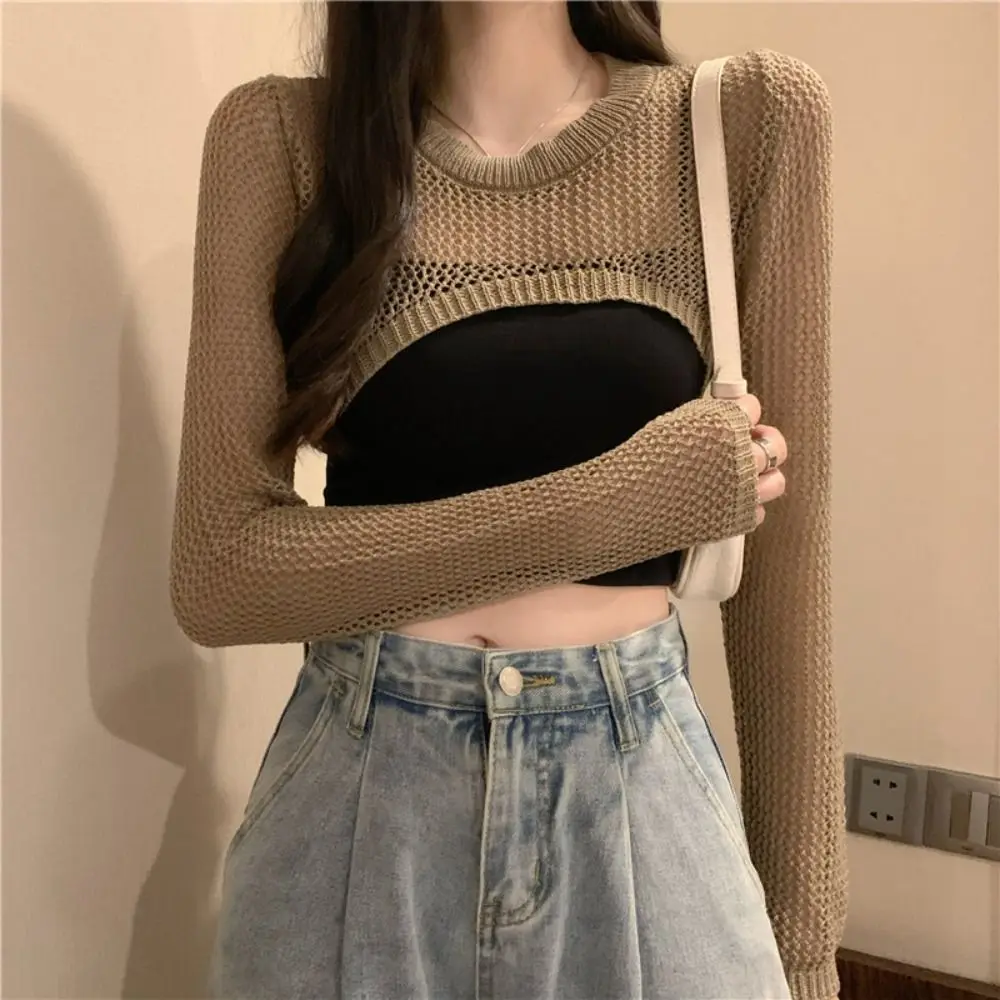 بلوزة نسائية محبوكة لتغطية ملابس الصيف الرقيقة الواقية من الشمس معطف قصير بأكمام مفرغة