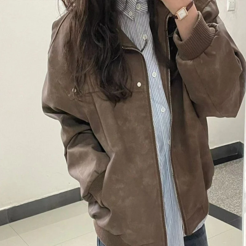 

Женская одежда, коричневая водолазка в американском стиле ретро, кожаная водолазка на молнии для женщин, весна-осень, свободное темпераментное модное пальто, топ