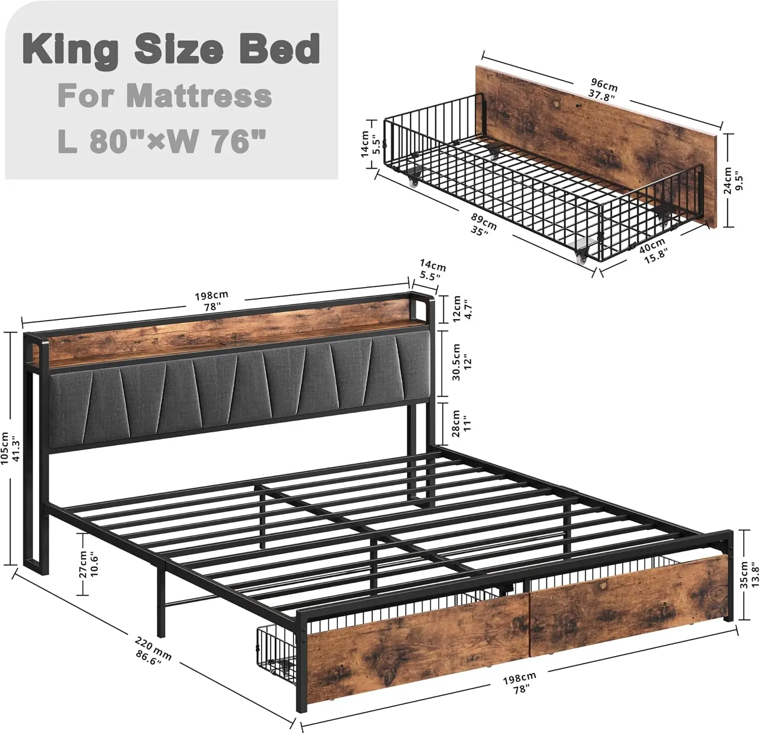 Likimio King Size Bed Frame, Storage Headboard With Charging Station, Platform Bed With Drawers, No Box Spring Needed, Easy