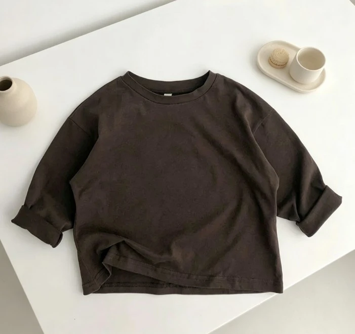 Kids Solid Color Long Sleeve T Shirt Neutral Tone Cotton Tops Soft Fabric Loose Fit Casual Tees For Toddler Wear Baby Kid Wear 5