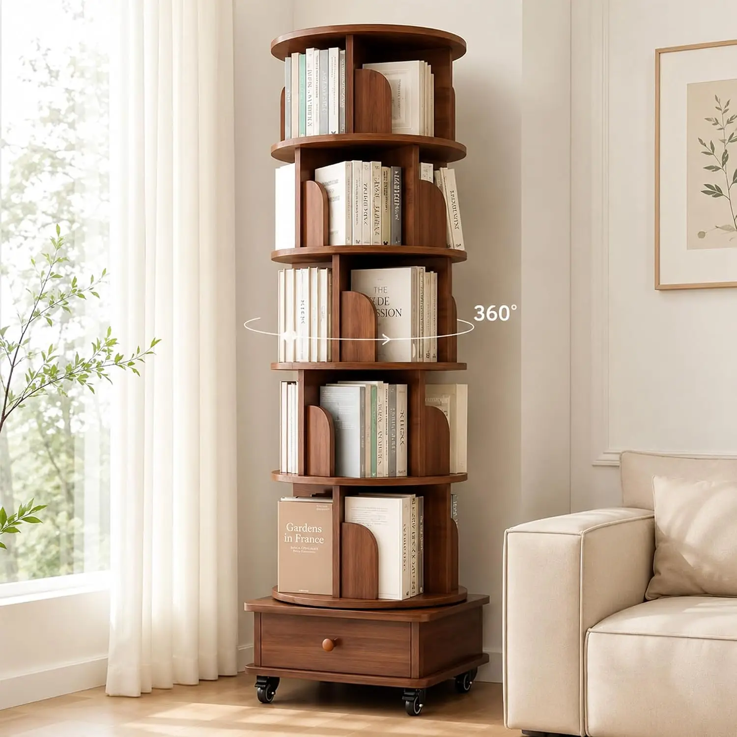 6 Tier Rotating Bookshelf With Cabinet On Wheel, 360° Display Spinning Corner Book Shelf Tower, Narrow Tall, Customized