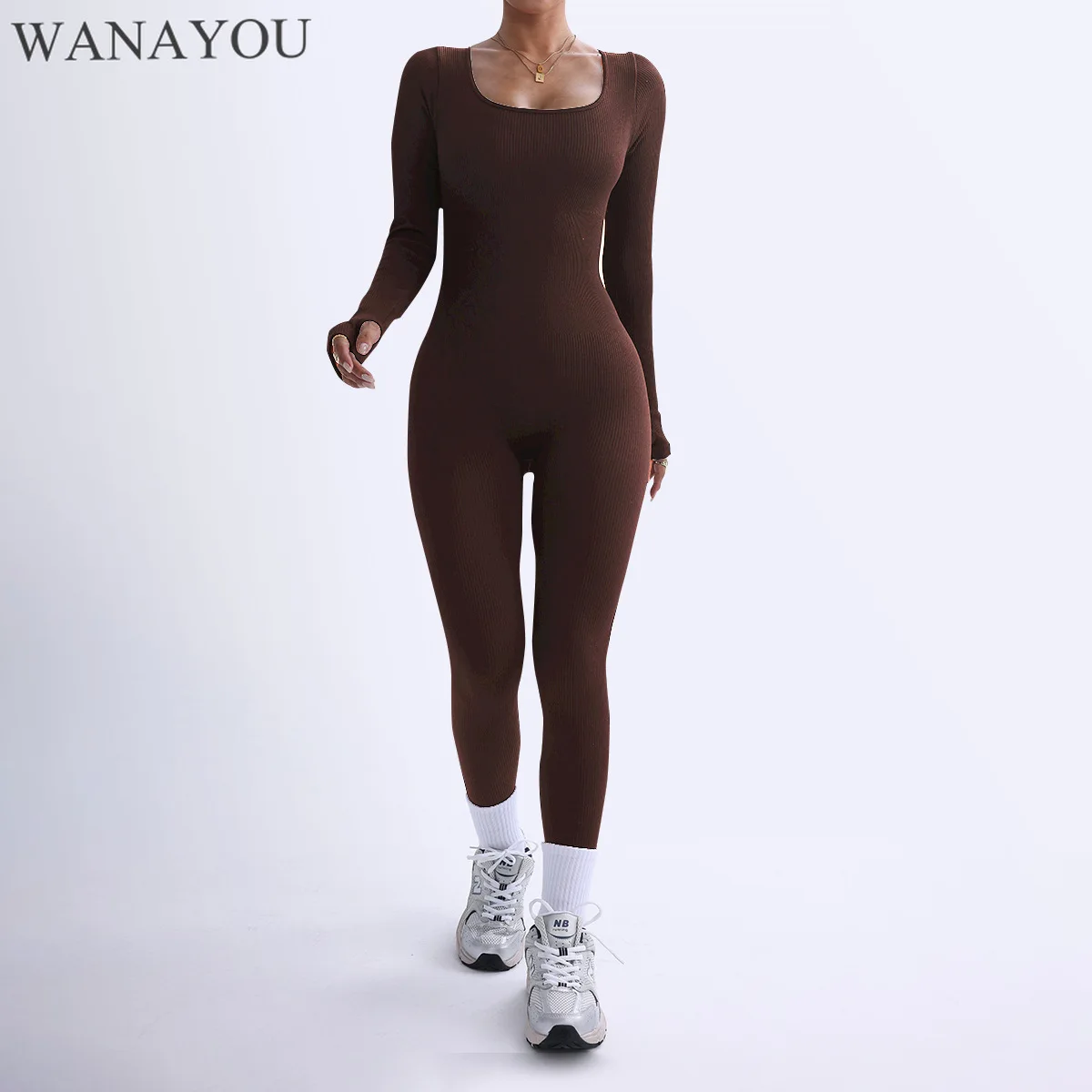 WANAYOU Seamless Women Yoga Jumpsuit, Long Sleeves One Piece Sports Legging Set, Gym Fitness Tracksuit, Workout Bodysuit