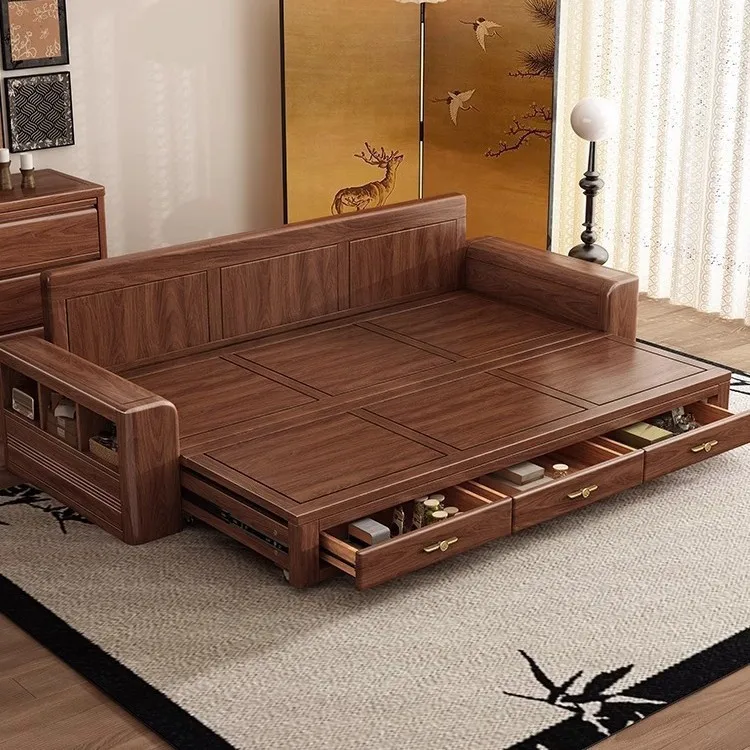 Black walnut solid wood sofa bed modern simple dual-purpose living room small apartment multi-functional storage push-pull sofa