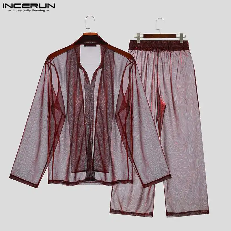 Sexy Fashion Style Men\'s Sets INCERUN 2024 Shirts Long Pants Ribbon Water Ripple Pattern See-through Print Two-piece Sets S-5XL