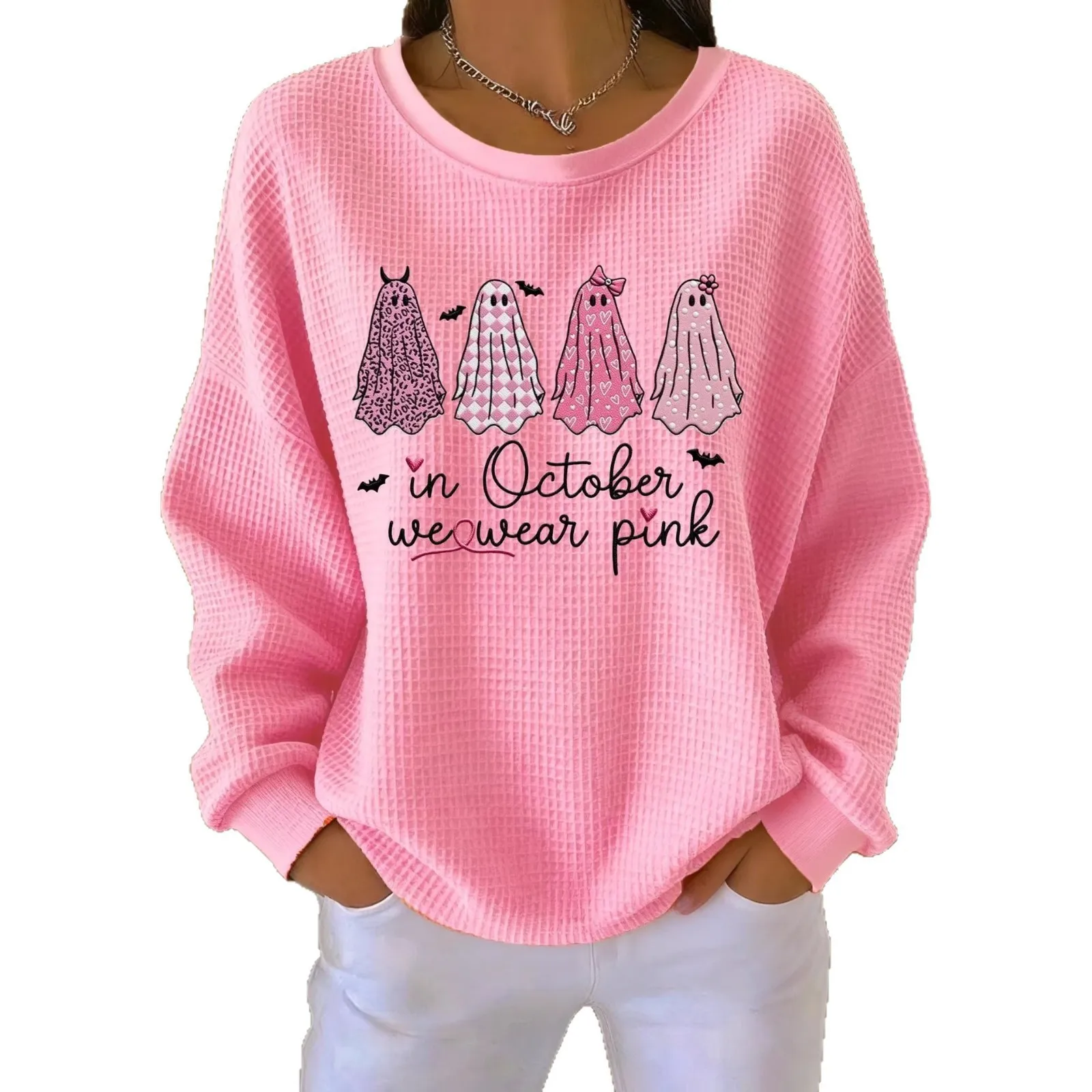Women's Retro Sport Pullover T Shirt Waffle Knit 3D Heat Transfer Print Round Neck Regular Length Women Top T-shirt Woman