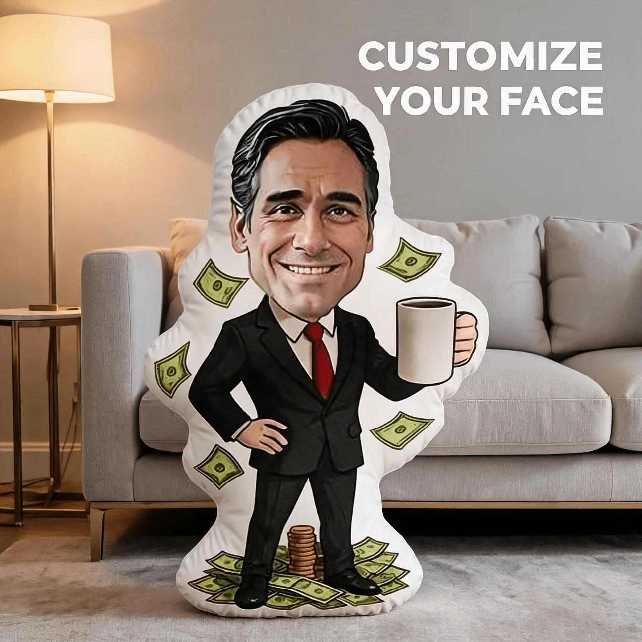 Custom Face Businessman Shaped Pillow, Personalized Photo Suit & Money Decorative Cushion, Funny Office Home Decor Accent for So