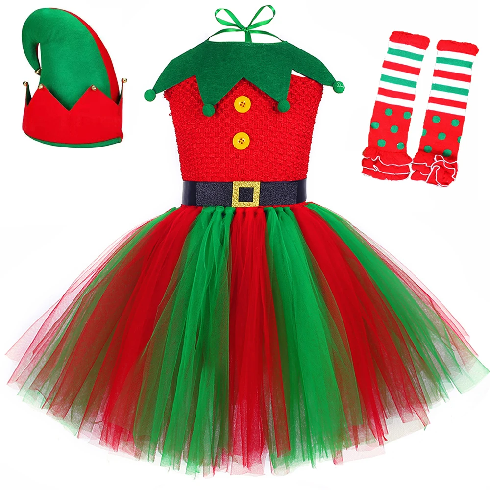 

Christmas Elf Costumes for Girls Xmas Festival Fancy Tutu Dress with Elves Hat Kids Halloween Outfits Children New Year Clothes