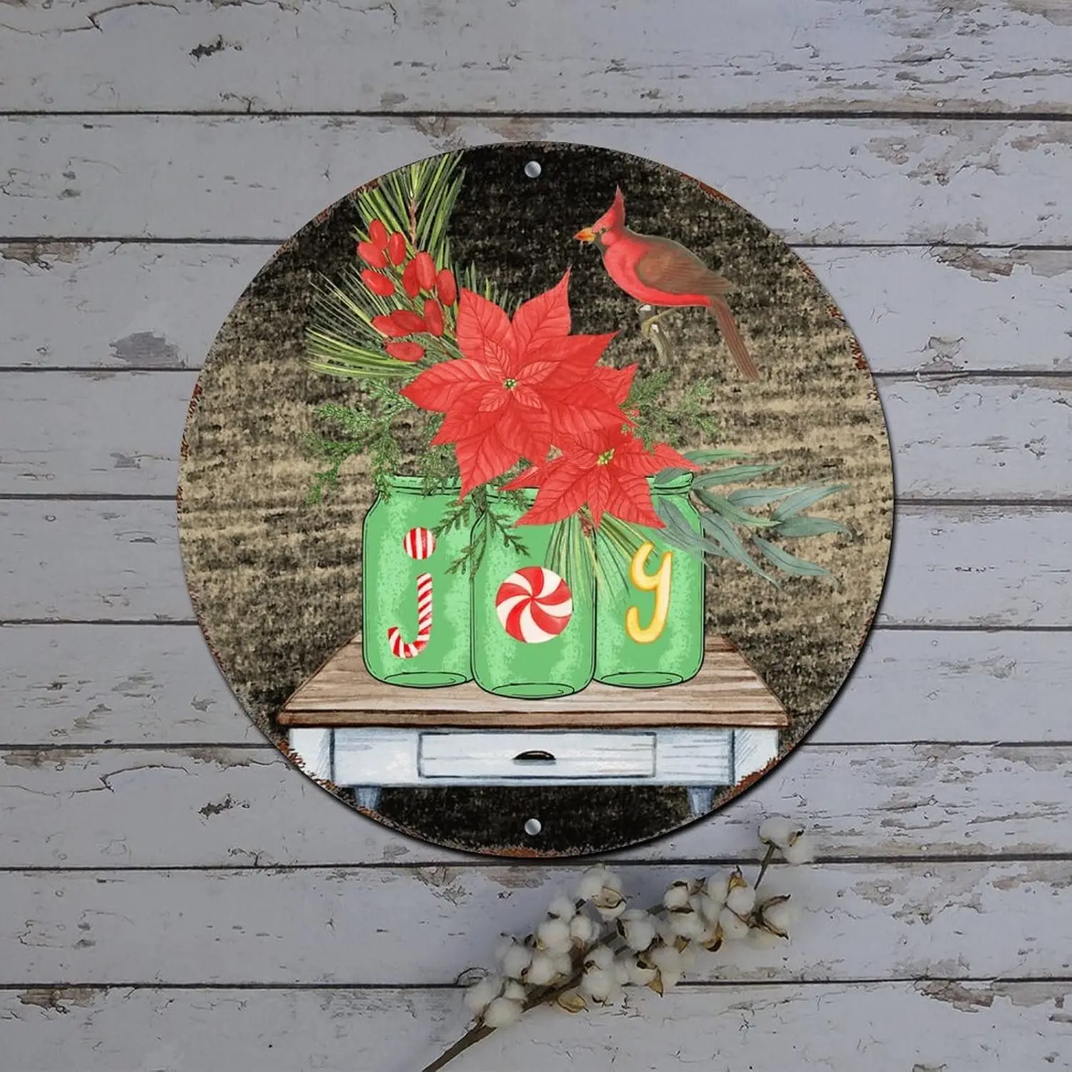 Metal Merry Christmas Sign Poinsettia Vase Joy Wood Grain Round Metal Tin Sign Christmas Hanging Decorations Outdoor Rustic Meta