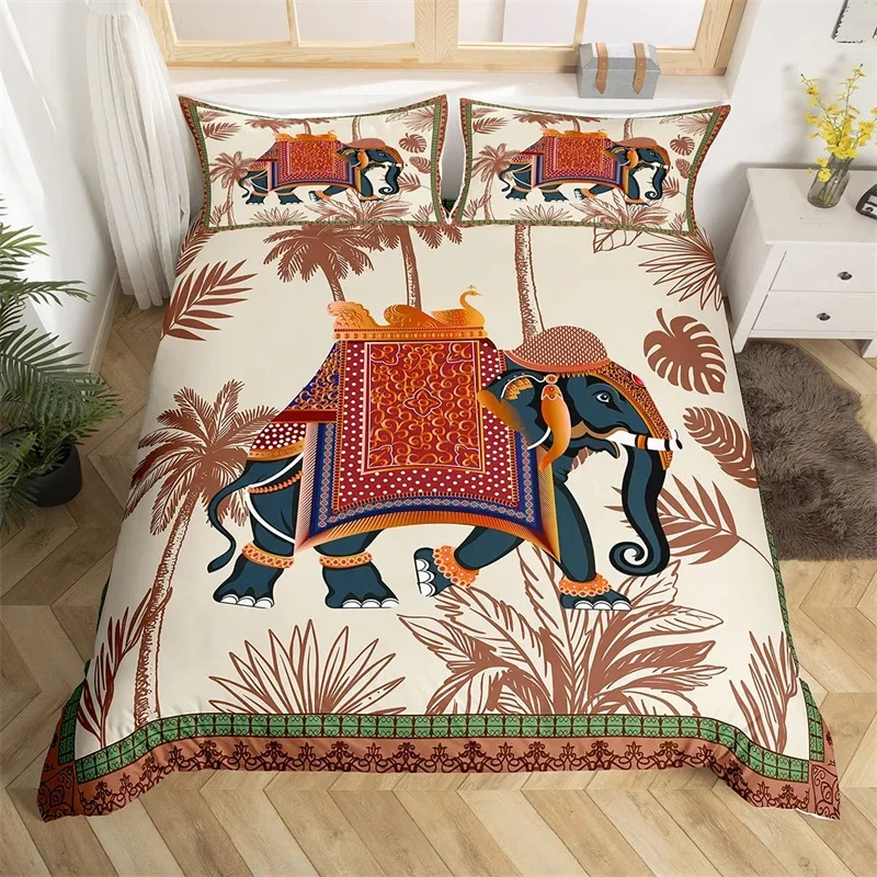 Tribal Elephant Duvet Cover Set Exotic Ethnic Style Wild Animal Bedding Set Queen Microfiber Retro Mandala Paisley Quilt Cover