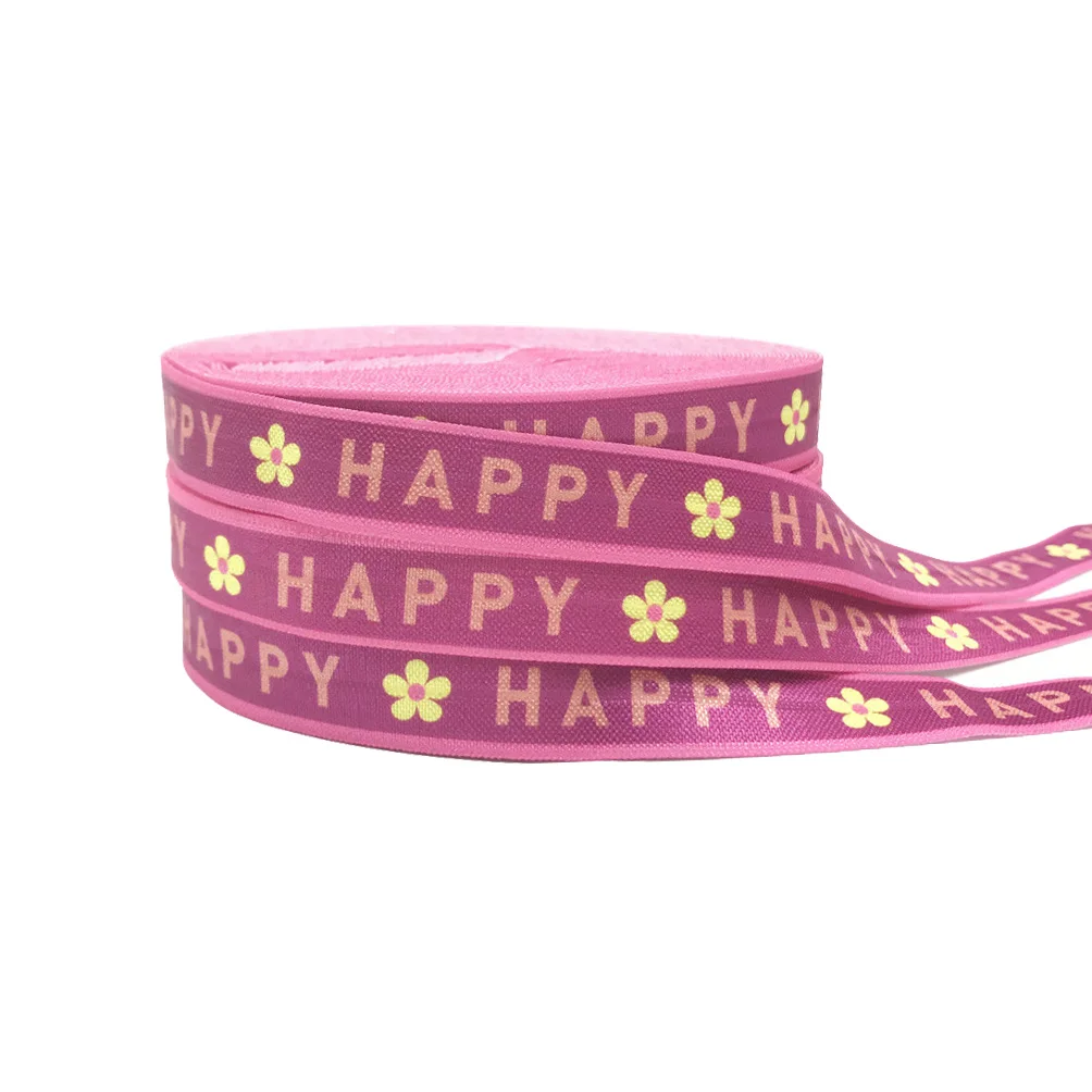 10Yard HAPPY LA BELLE Print Letters Fold Over Elastic 15MM FOE Ribbon For DIY Headwear Gift Webbing Accessories