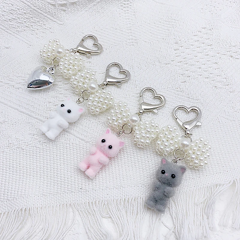 Imitation Pearl Bow Shaped Flocking Cat Pendants Keychain Heart Key Chain Bowknot Cat Keyring Bag Hanging Ornaments Couple Gifts