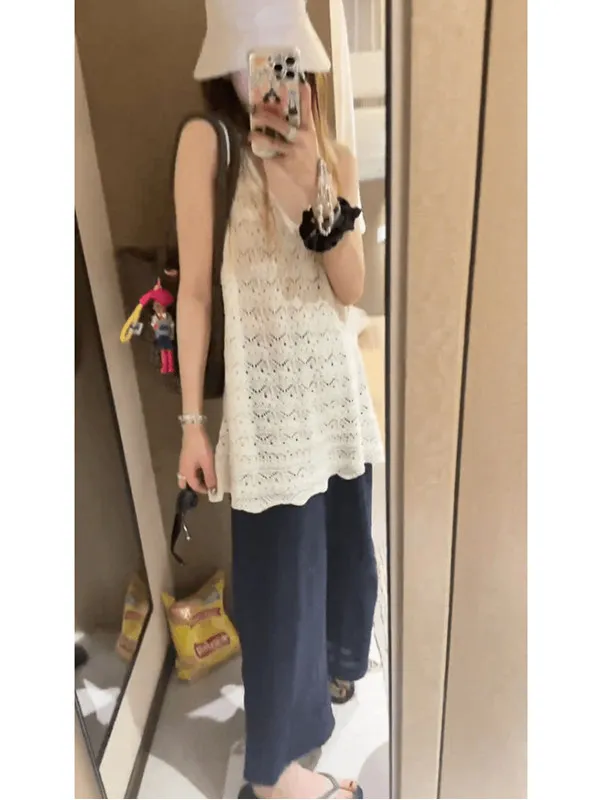 Lace Hollow out Vest Women's Sun Protection Shoulder Pad Medium Length Summer Strap Outerwear Sleeveless Top