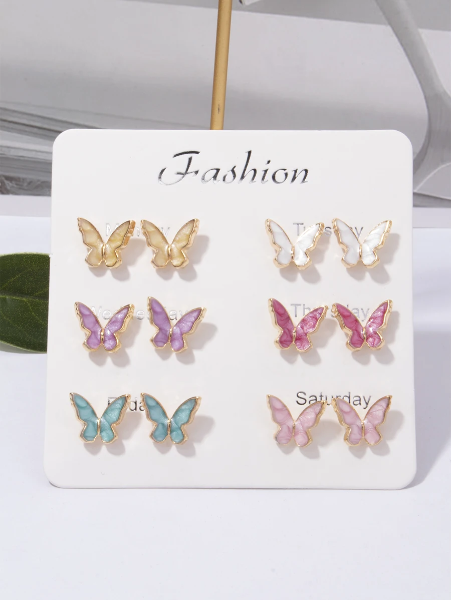 

6 Pairs Butterfly Stud Earrings For Women Fashion Alloy Jewelry