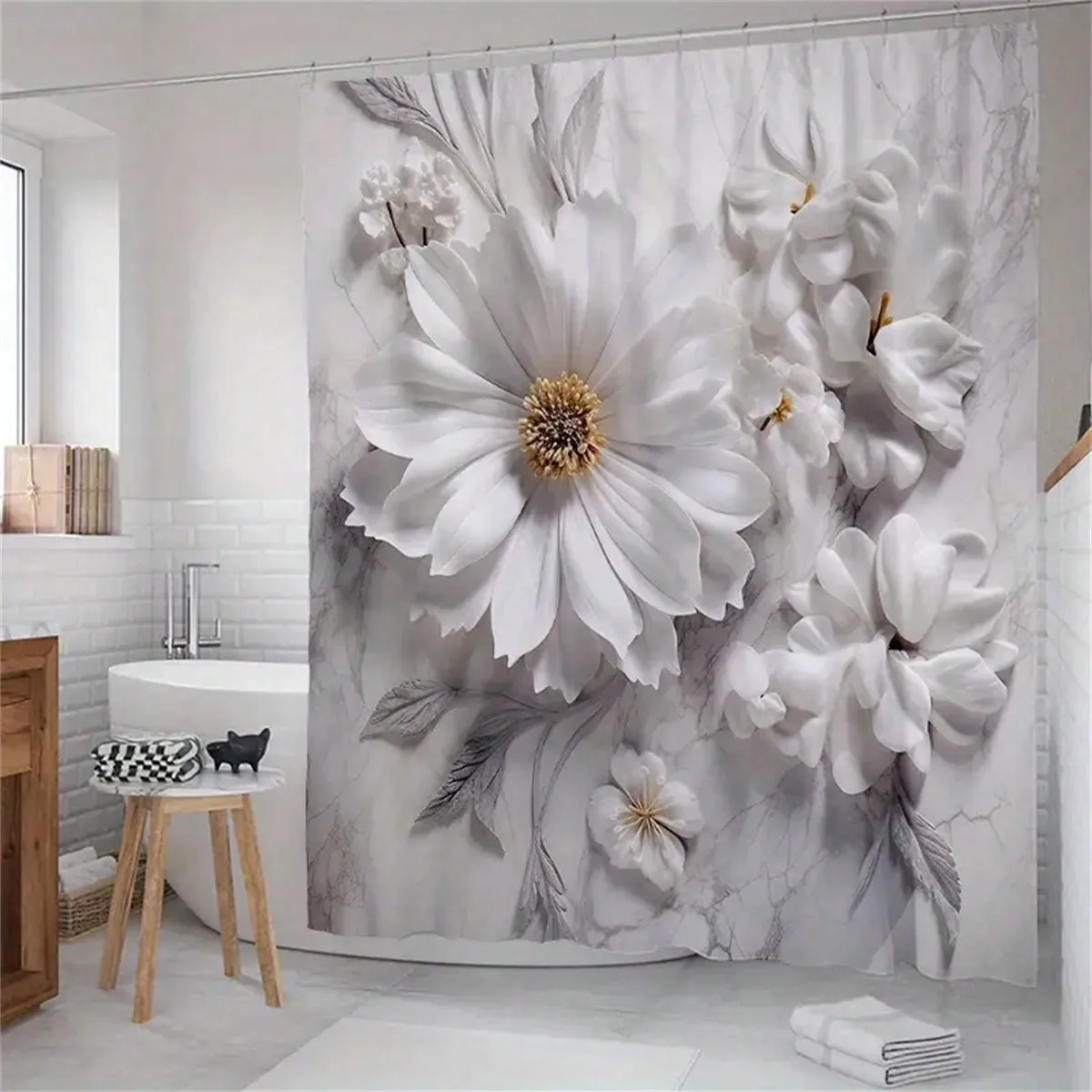 

1 шт. Занавеска для душа с цветочным рисунком в лесу — водонепроницаемая, можно стирать в машине, современный дизайн с люверсами, легко чистится