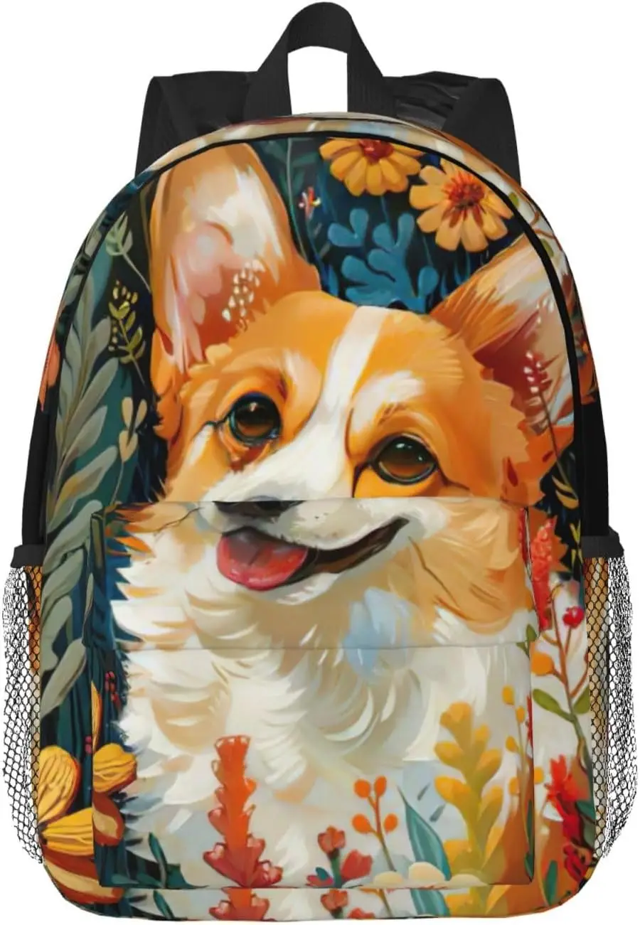 Corgi Floral Flowers Spring Garden Print Versatile Adult Backpack for Work Hiking Waterproof Backpack Laptop Compartment