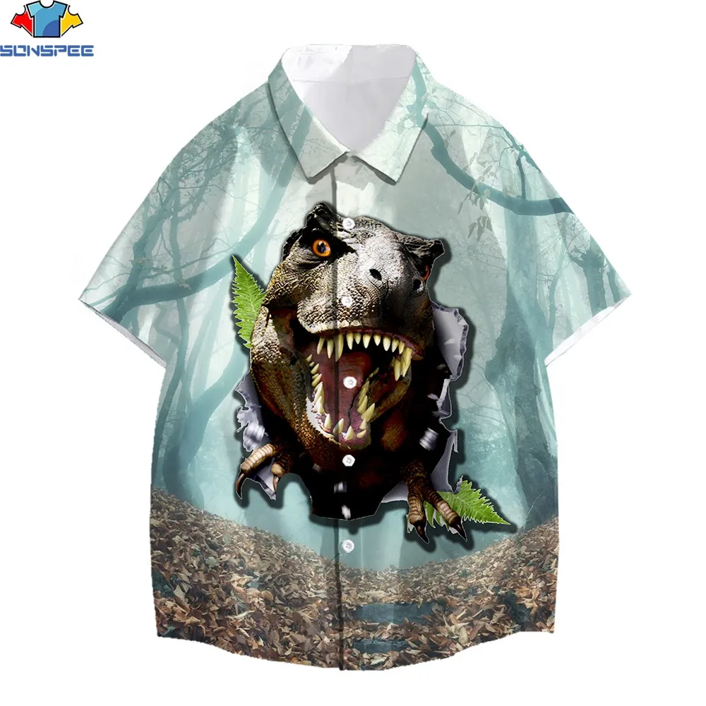 SONSPEE 3D Printed Summer Unisex Hawaiian Shirt Jurassic Dinosaur Head Casual Hip Hop Harajuku Street Short Sleeve Loose Top