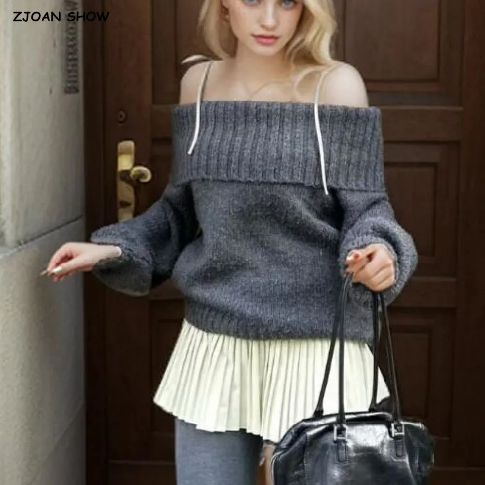 2024 Autumn Gray Rib Knitting Slash Shoulder Pullover Sweater Women Full Sleeve Loose Thick Knitwear Oversized Jumper