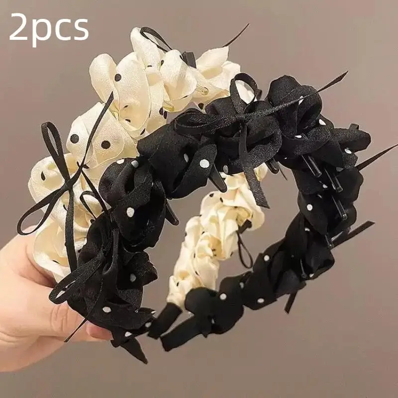 2pcs Vintage Polka Dot Bow Headband Women Hair Hoop High Cranial Top Princess Style Hairband Daily Makeup Washing Hair