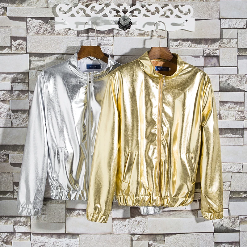 YASUGUOJI-Chaqueta brillante para hombre, ropa de calle y plateado brillante de Color dorado, abrigos y chaquetas de Hip Hop para primavera