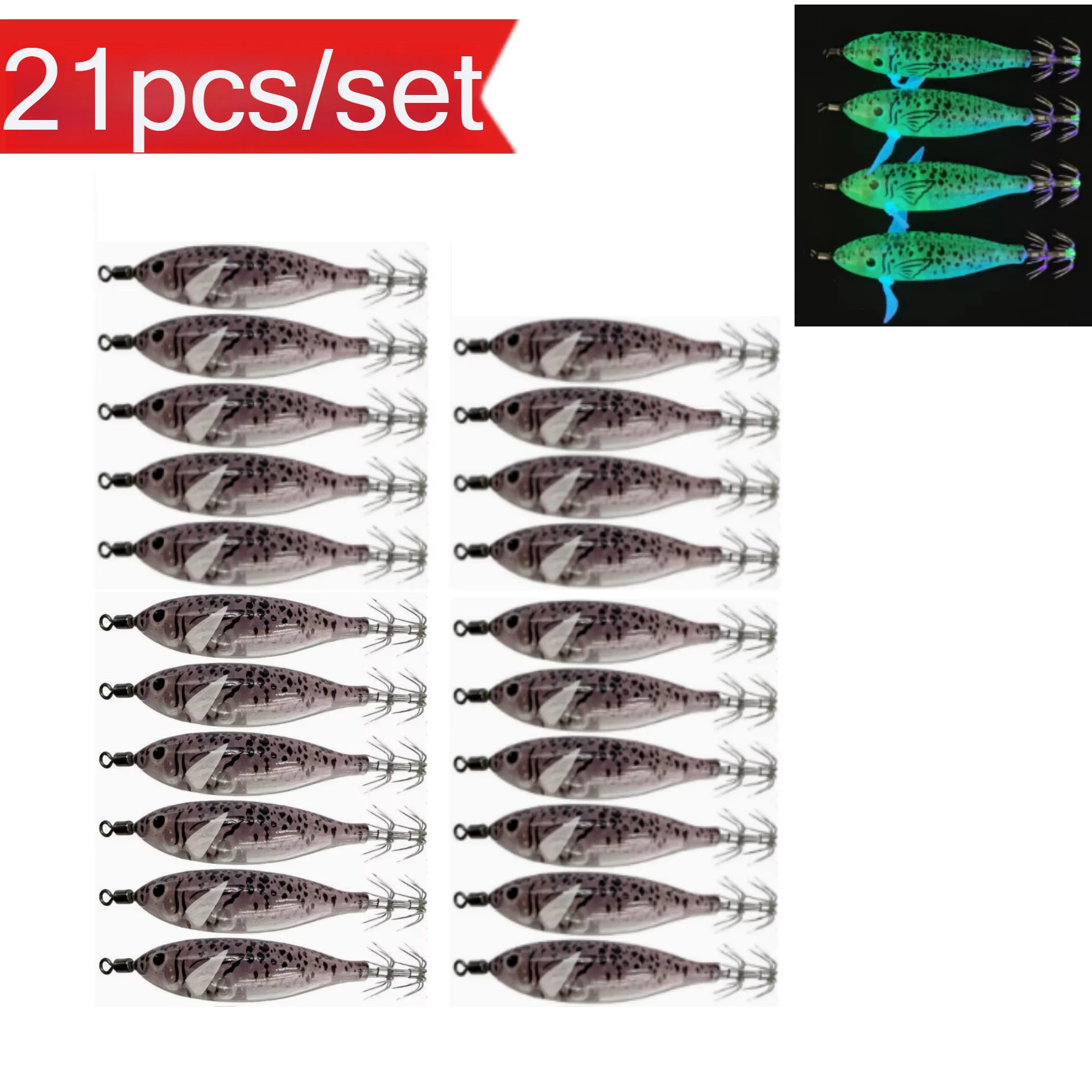 21 Stück/Set Leuchtender Tintenfisch-Jig 8cm/5,7g Garnelen-Angelköder mit Haken Meeresfischerei Oktopus-Köder Zubehör Künstlicher Köder