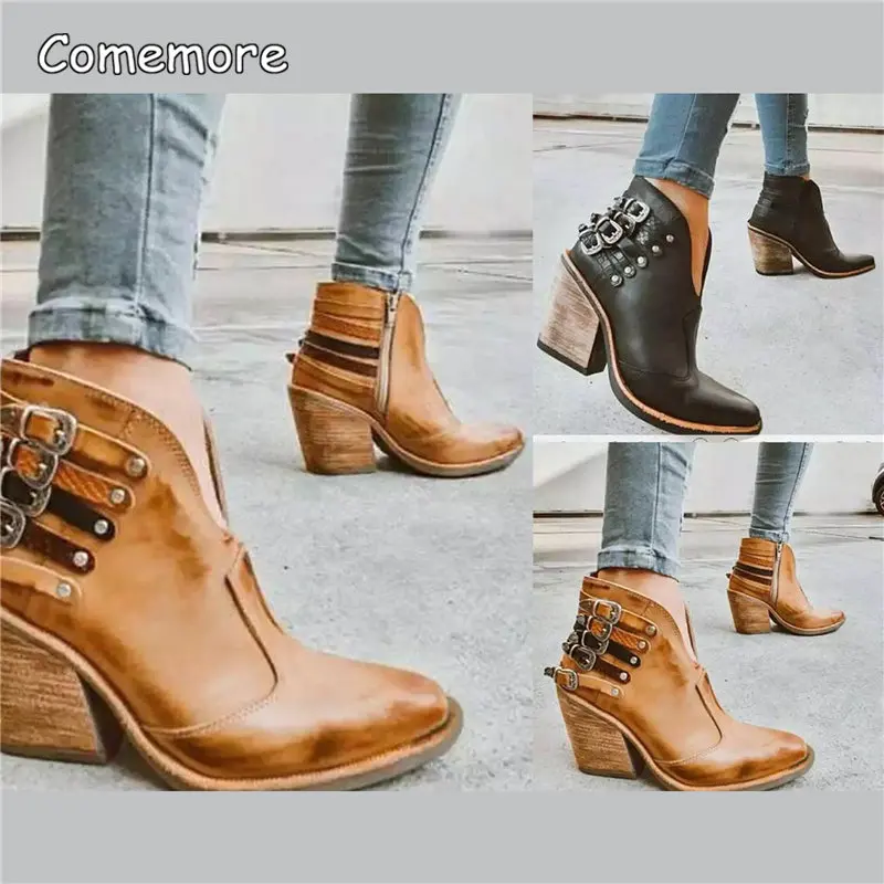 Comemore-Botas Punk de cuero para Mujer, Botines de tacón alto con hebilla, estilo vaquero occidental, otoño e invierno, 2023