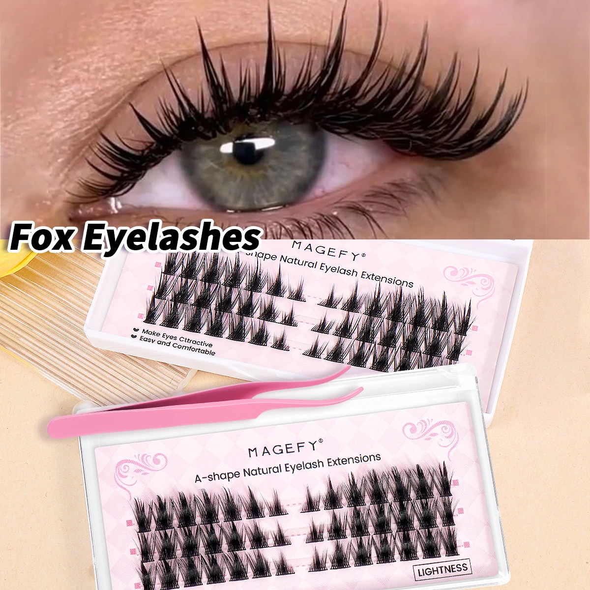 MAGEFY 84 Cluster Fox Eyelashes Boxed with Tweezers Cute Dense 8-10mm Lash Extension Cat Eye Lashes Essential for Traveling