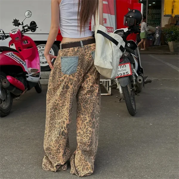 

SML 2 цвета 2025 летние женские широкие джинсы с высокой талией уличные брюки с леопардовым карманом синие джинсовые брюки женские (XH66645