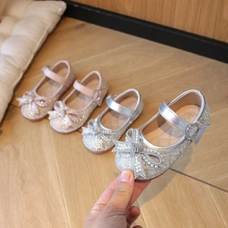 Children's Flats Kid's Single Shoes Fashion Girls Pink Rhinestone Bow Silver Princess Shoes Students Baby Party Show Shoes