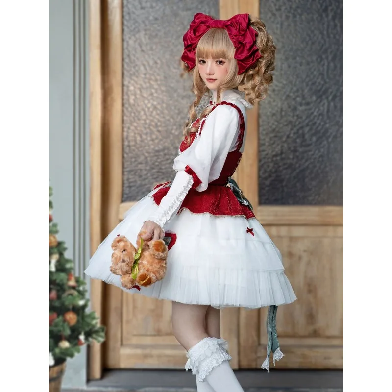 Japanese Victorian Christmas Lolita  Dress Women Kawaii  Long Sleeve Top Sweet Lace Heart Bow Sundresses Y2k JSK