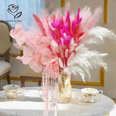 Natural Pampas Pink Dried Flowers Bunny Tails Gem Grass Bouquet Wedding Decor Eucalyptus Leaf Hanging Rice Home Vase Decoration