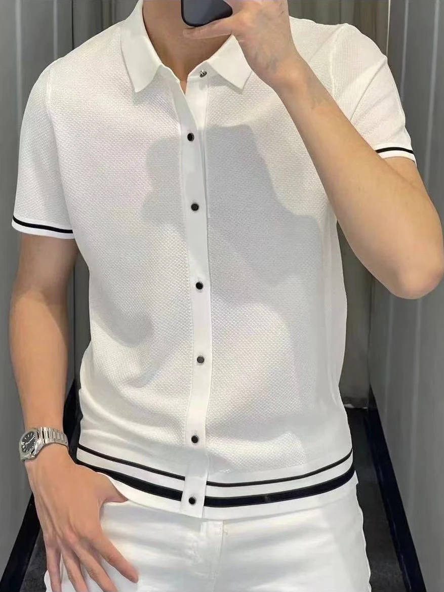 

Light Luxury Men's Striped Patchwork Short Sleeve Shirt Slim Fit Turn-down Collar Summer New Style Fashionable Casual Shirt