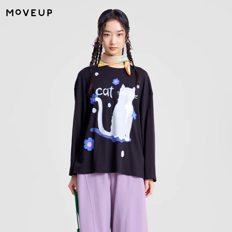 MOVEUP Women's Cat Flower Printing Long Sleeve T-Shirt 2026 Autumn Cotton Crew Neck Tops Casual Loose Tees Office Lady 3ELC10561
