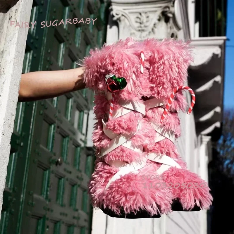 الجلد المدبوغ حزام أبيض وردي طويل الفراء هدية أحذية الفتيات الشتاء الدانتيل الركبة الجوارب اللون الأسود حذاء الثلج المسطح أفخم النساء الربيع تنوعا #2