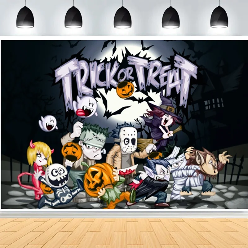 

Pumpkins Halloween Day Spooky Backdrop Lanterns Cobwebs Full Moon Wicked Eerie Evil Scary Dark Night Forest Background HA-02