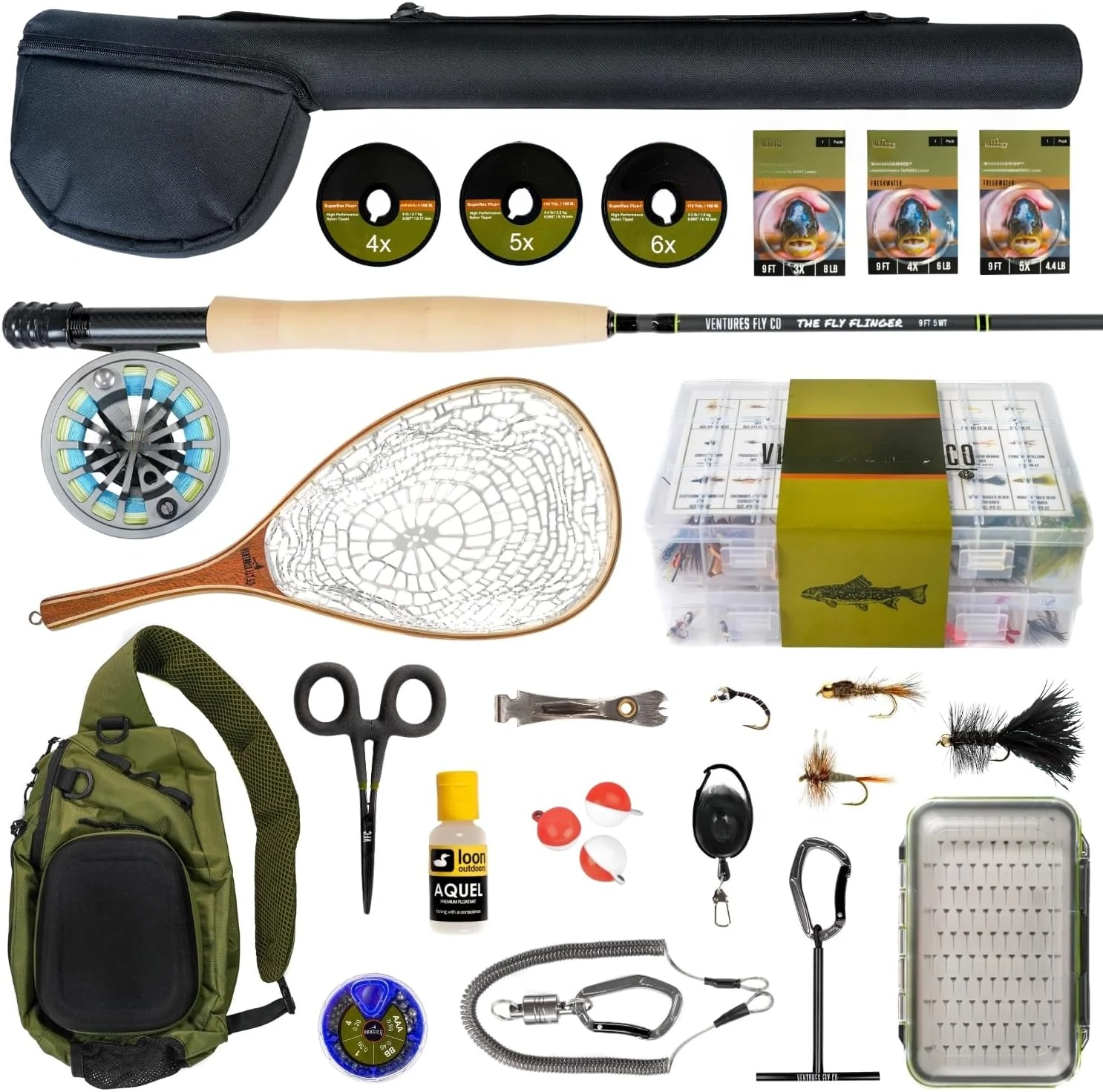 23-piece fly fishing equipment set, including rod, reel, line, flies, line, thread, tweezers, pliers, float and net