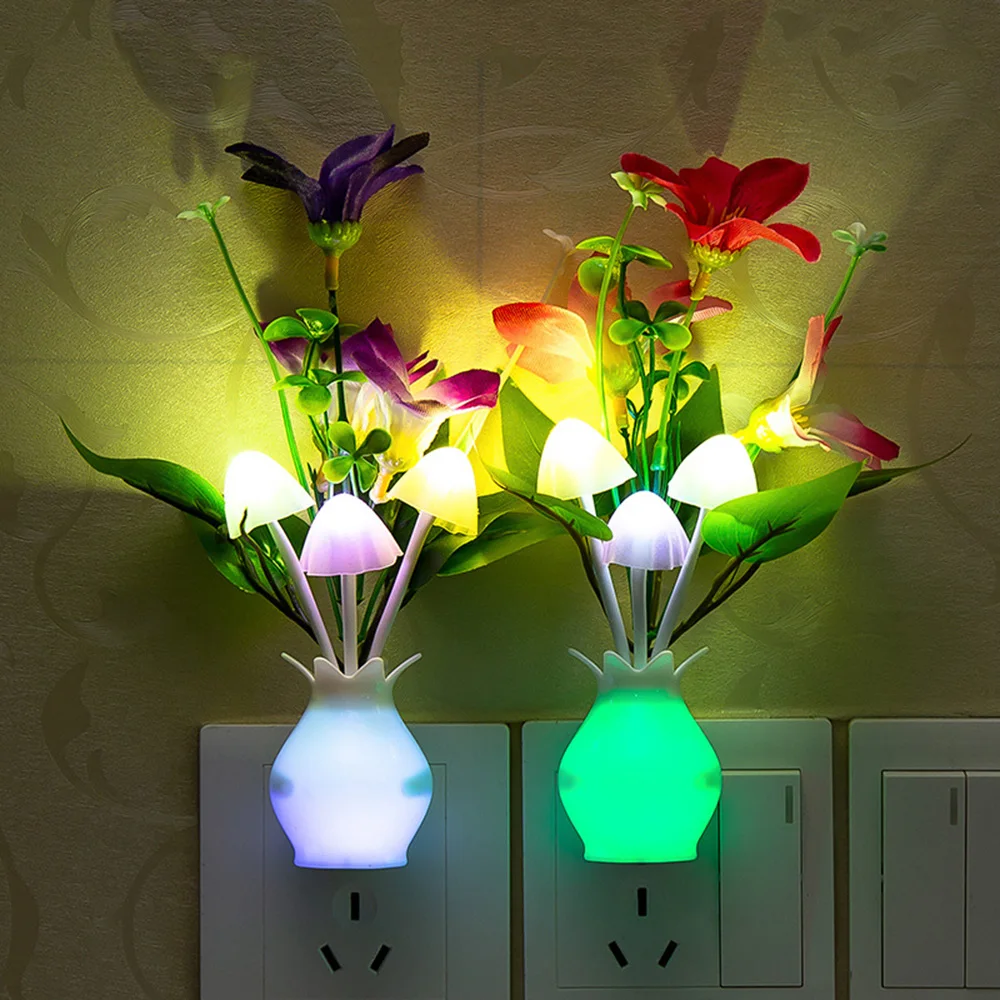 1Pc LED Night Light With Sensor Plug-in Auto Switch Rose Flower Luminous Vase Night Light Wall Light for Bedroom Living Room