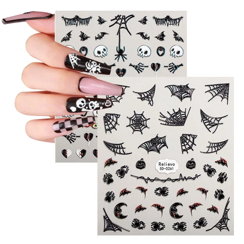 5D Halloween Skull Pumpkin Nail Art Stickers Black Cat Ghost Spider Web Design Nail Adhesive Decals Tattoo Decorations Manicure