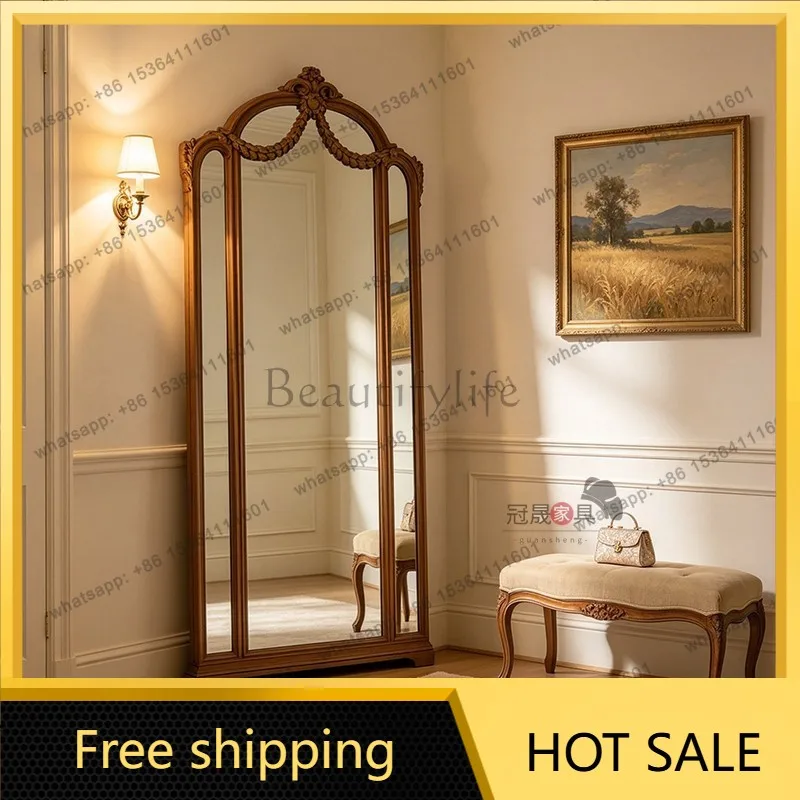 American retro French floor-to-wall three-sided mirror European wall-mounted home classical fitting mirror