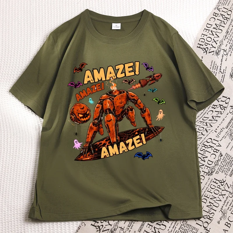 Amaze Halloween Robot T-Shirt Funny Sci Fi Pumpkin Tee Retro Spooky Cyborg Graphic T Shirts Casual Round Neck Printed Tshirts