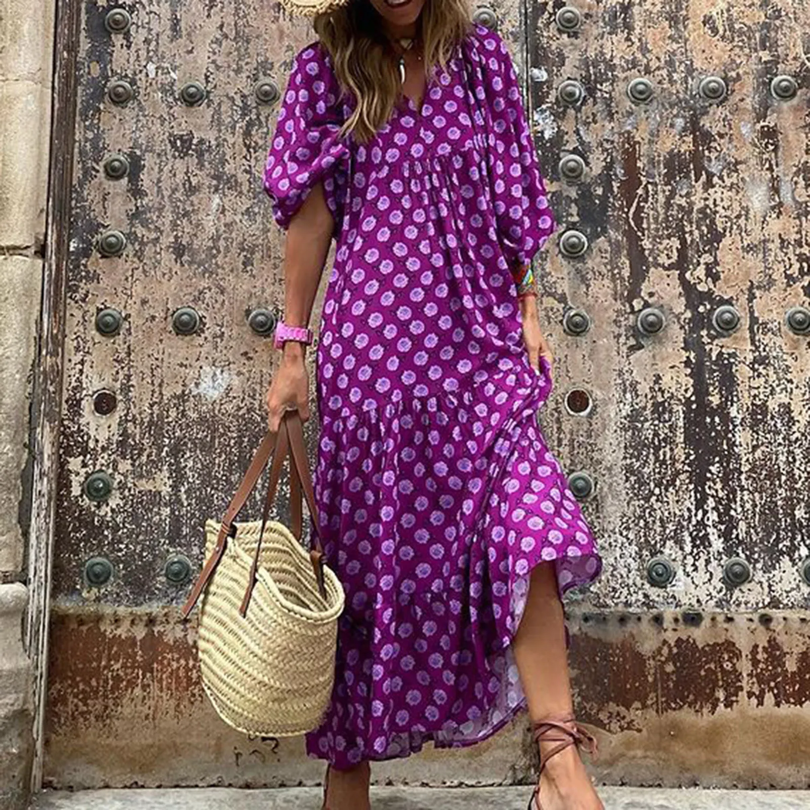 Women Boho Floral Print Dresses Summer Elegant Fashion Ruffles V-neck Long Robe Female Casual Loose Beach Holiday Maxi Dress