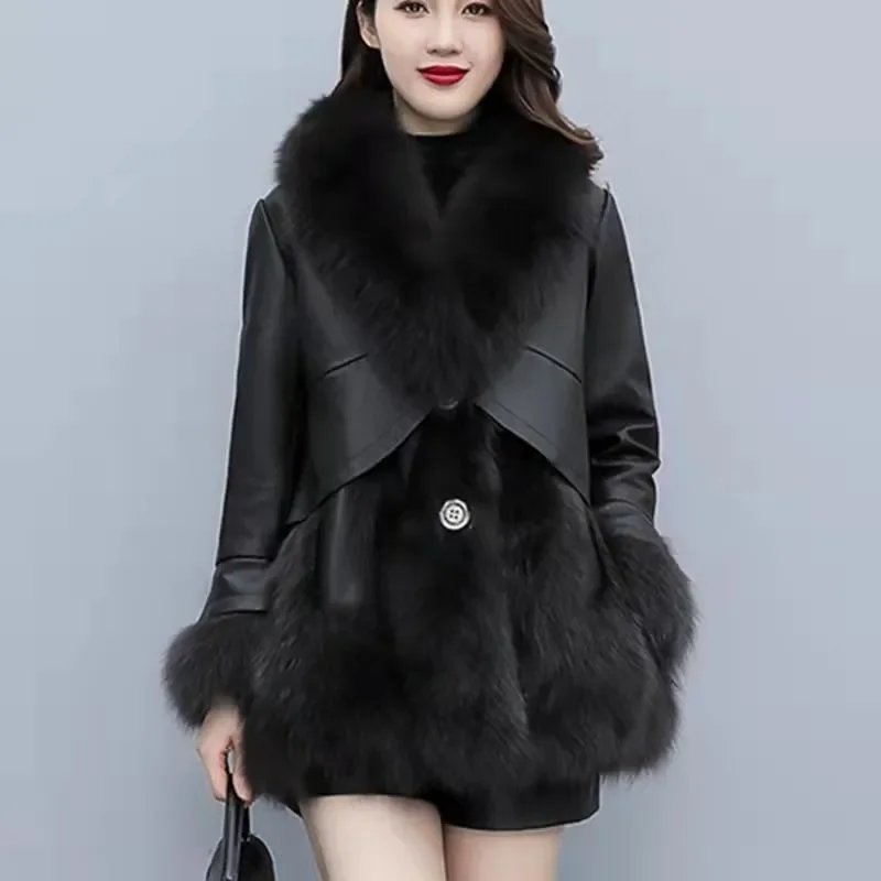 Chic Leather Jacket Women\'s Overcoat 2024 Autumn Winter New Faux Fox Fur Mid-Length PU Leather Stitching Thick Warm Coat Outwear