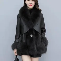 Chic Leather Jacket Women's Overcoat 2024 Autumn Winter New Faux Fox Fur Mid-Length PU Leather Stitching Thick Warm Coat Outwear