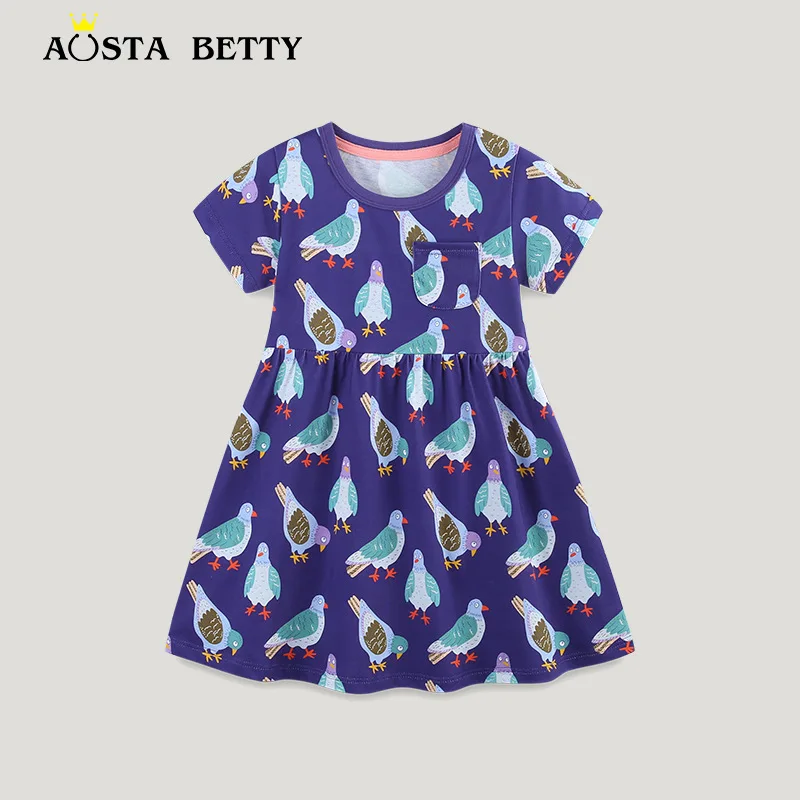 

Girls' short-sleeved dress with printed round neck; knitted cotton fashion children's dress.