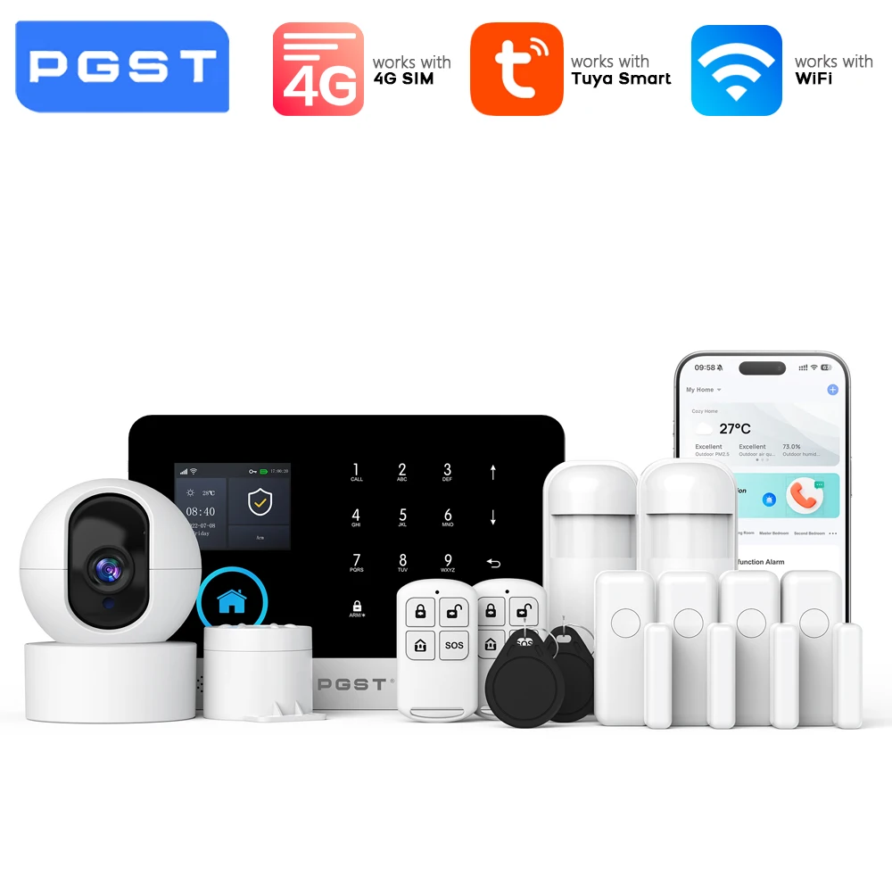 PGST 4G WiFi Alarm System Home Security Burglar Kit with Auto Tracking IP Camera PIR Sensor Remote Control Tuya App