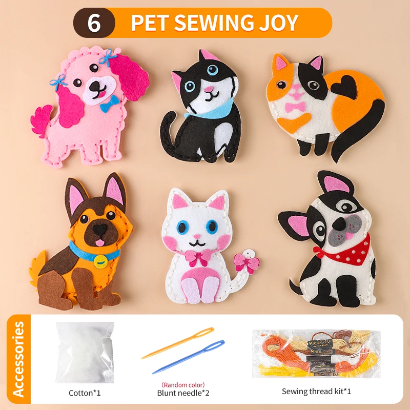 Children DIY Felt Sewing Craft Kit 6 Pcs Cute Pet Cat Dog Non‑Woven Doll Hand‑Sewing Set Educational Art Handmade Toys for Kids