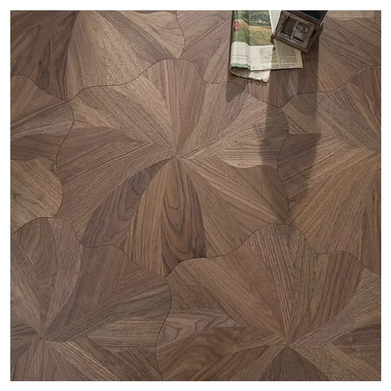 Apolloxy Special Offer Solid Wood Flooring Patterned Lotus Leaf Shape Black Walnut Parquet Hardwood Plank Flooring