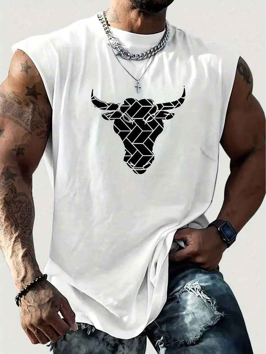 

Geometric Cow Head Print Sleeveless Tank Top For Men Summer Casual Streetwear Gym Workout